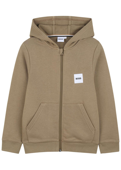 Sweat zippé en coton taupe à coupe ajustée pourvu d'un col à capuche