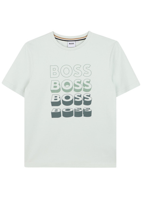 T-shirt en coton vert d'eau à coupe droite pourvu du nom de la marque