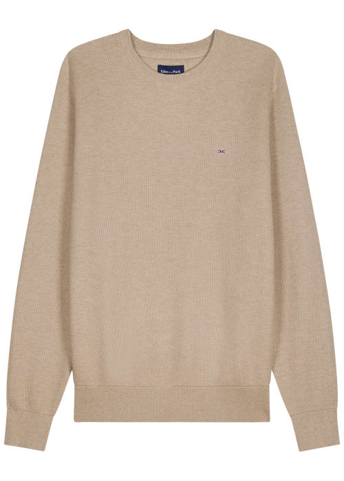 Pull en coton beige uni avec une coupe droite et un col rond