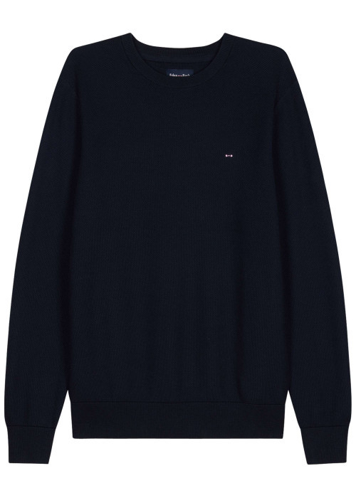 Pull en coton marine uni avec une coupe droite et un col rond