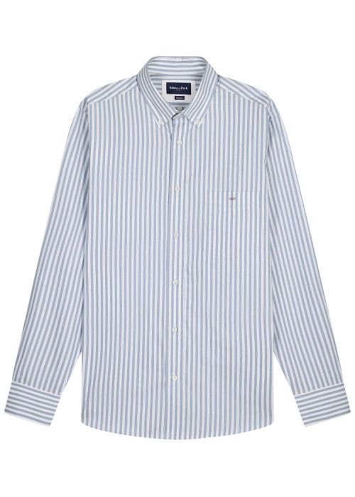 Chemise en coton bleue à rayures avec une coupe droite et un col à revers