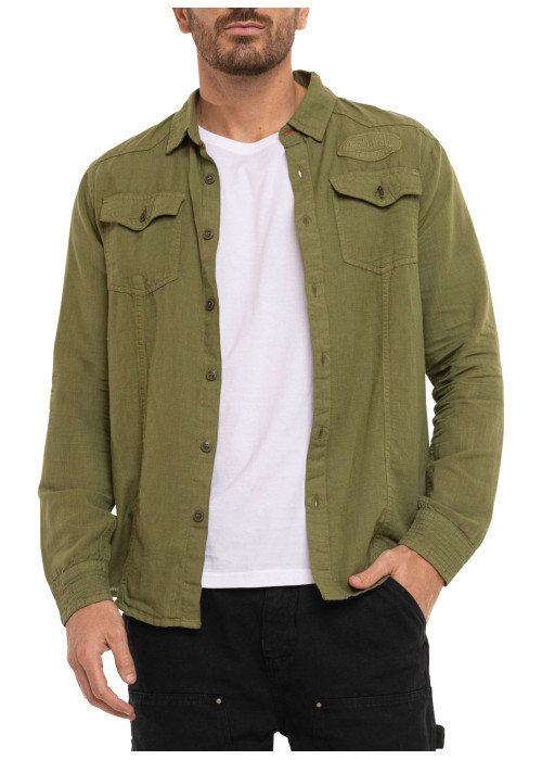 Chemise en lin et coton kaki uni à coupe droite avec col à revers