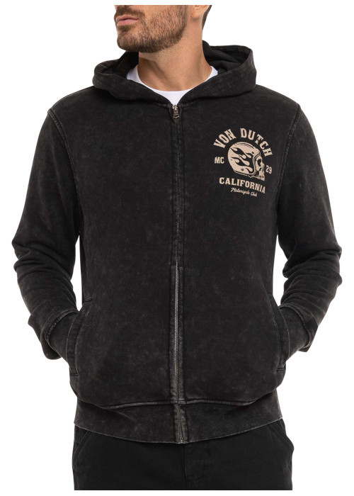 Sweat zippé gris foncé uni avec une coupe droite et un col à capuche