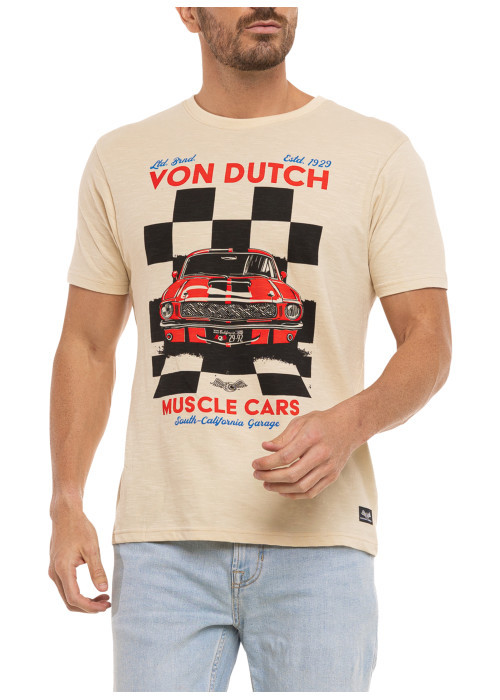 T-shirt en coton beige imprimé avec une coupe droite et un col rond