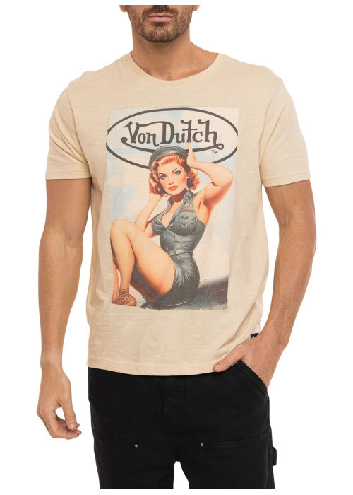 T-shirt en coton beige imprimé avec une coupe droite et un col rond