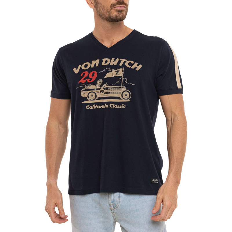 Von Dutch - T-shirt En Coton Marine Imprimé Avec Un Col En V Et Un Imprimé - Bleu Foncé