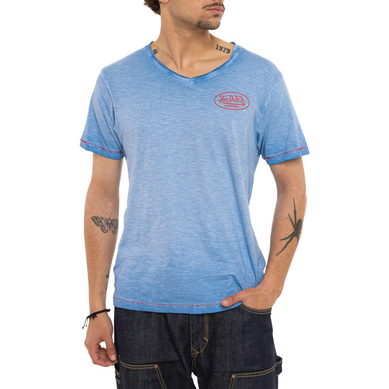 Von Dutch - T-shirt En Coton Bleu Uni Avec Une Coupe Ajustée Et Un Col V Effet Flammé - Bleu