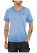 Thumbnail T-shirt en coton bleu uni avec une coupe ajustée et un col V effet flammé
