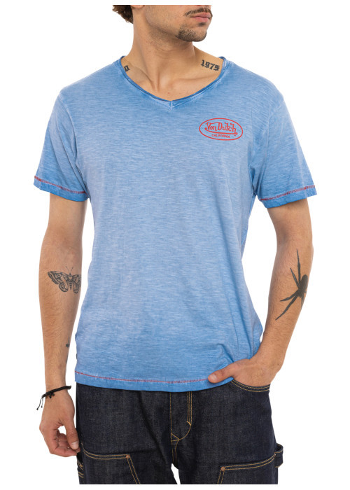 T-shirt en coton bleu uni avec une coupe ajustée et un col V effet flammé