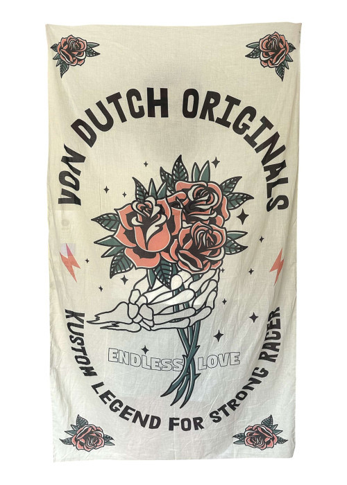 Foulard en coton blanc imprimé avec un bouquet de fleurs et le nom de la marque