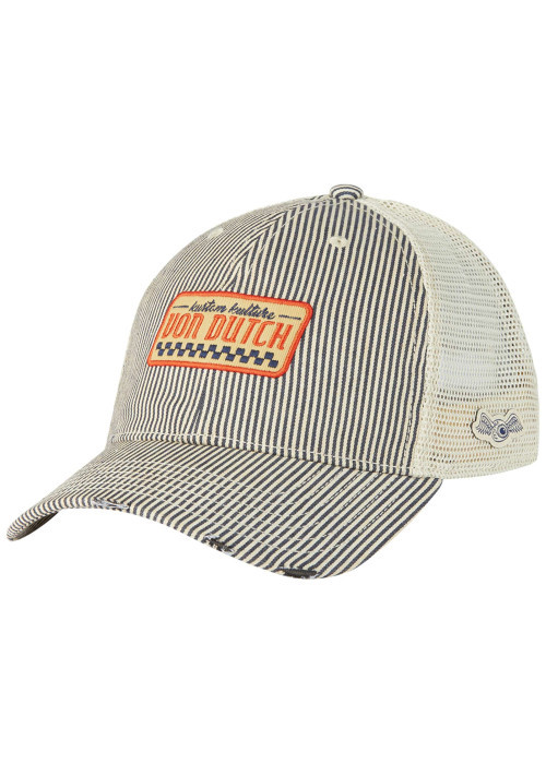 Casquette grise à rayures avec une fermeture snapback et un bouton de couronne