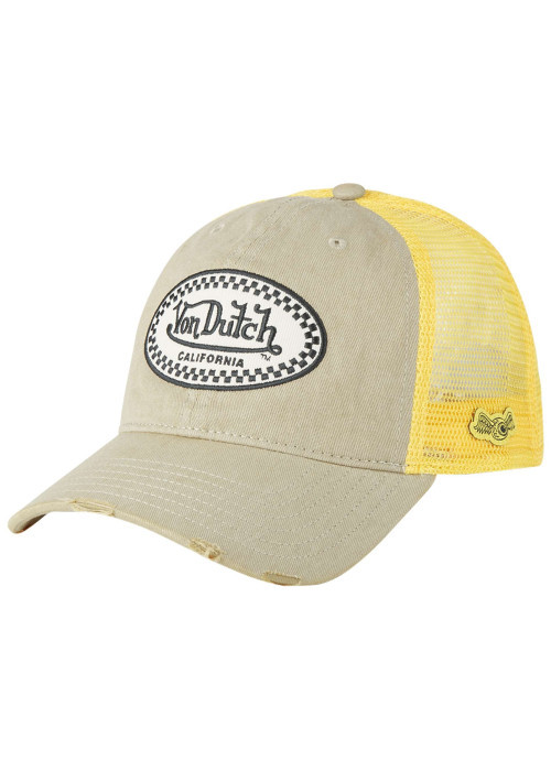 Casquette jaune unie avec une visière effet usé et un patch de la marque brodé