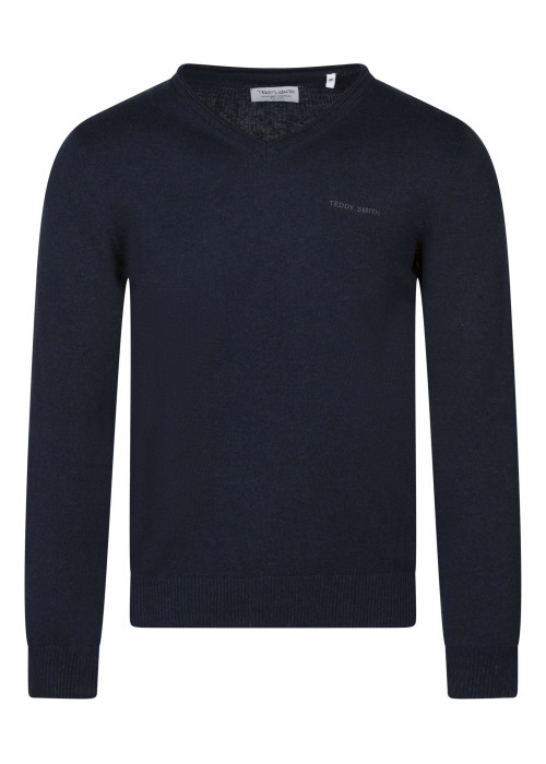 Pull en coton bleu foncé à coupe droite pourvu d'un col v côtelé