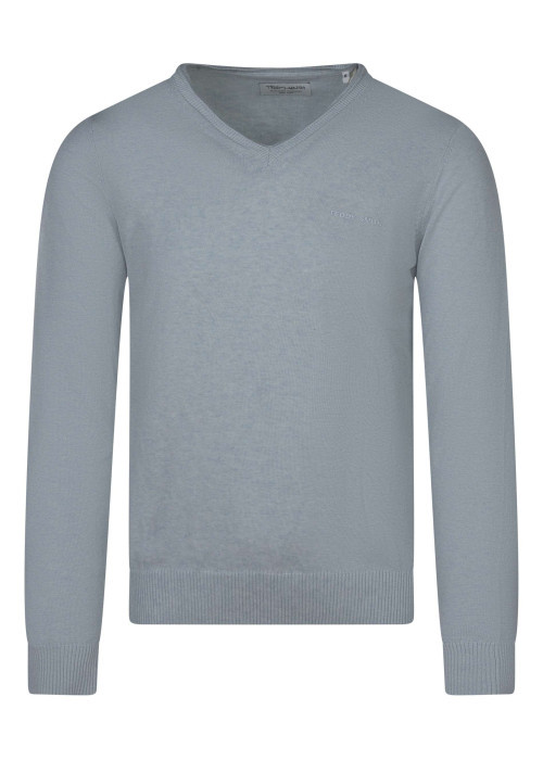 Pull en coton bleu clair à coupe droite pourvu d'un col v côtelé