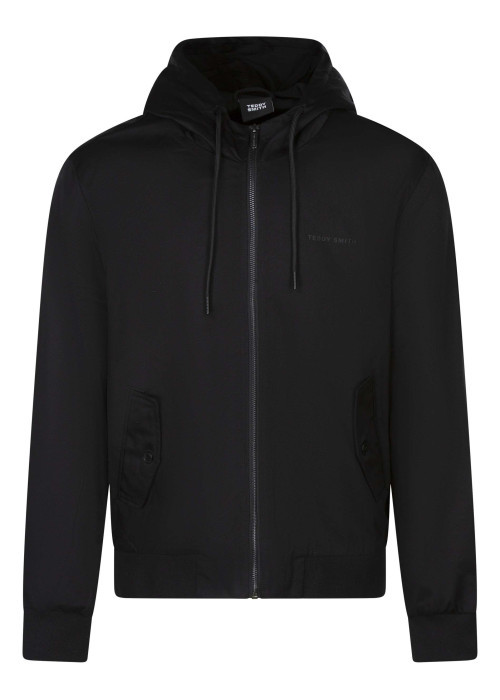 Blouson noir à coupe ajustée pourvu d'un col à capuche avec cordon de serrage