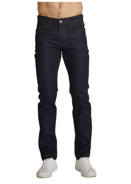 Jean en coton indigo uni avec une coupe ajustée et des surpiqûres camel