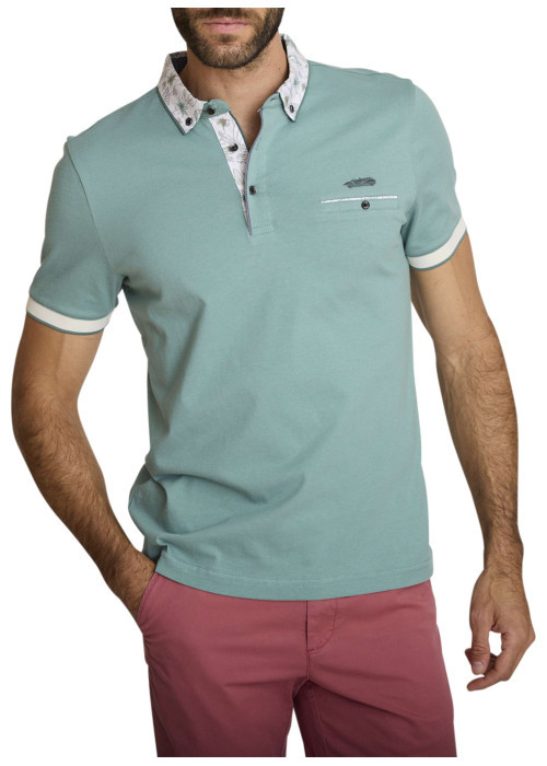 Polo en coton vert d'eau uni avec une coupe ajustée et un col boutonné