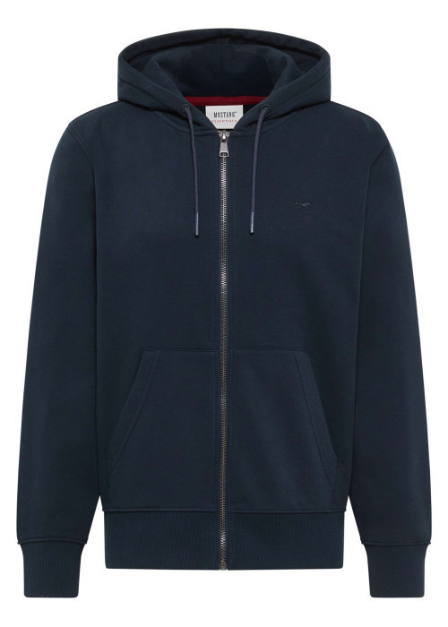 Sweat zippé en coton mélangé marine uni avec une coupe droite et une capuche