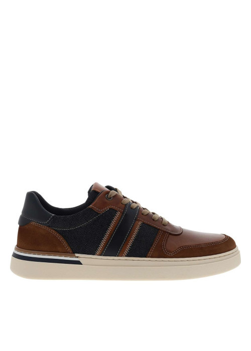 Tennis en cuir jean et tan à talon plat avec des lacets taupe