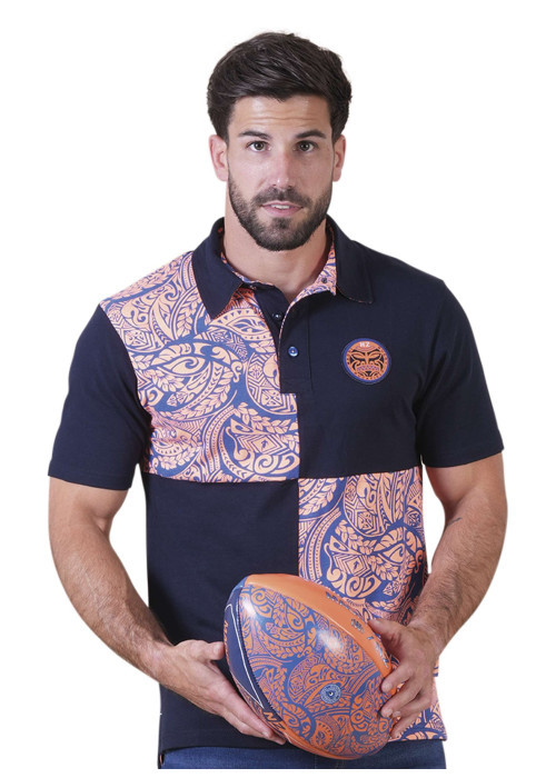 Polo en coton biologique marine à motifs pourvu d'un col boutonné