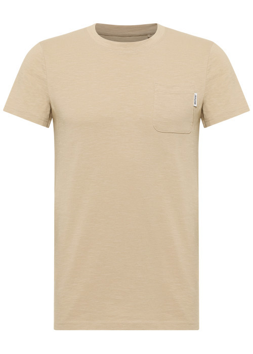 T-shirt en coton beige uni pourvu d'une poche plaquée sur le coeur