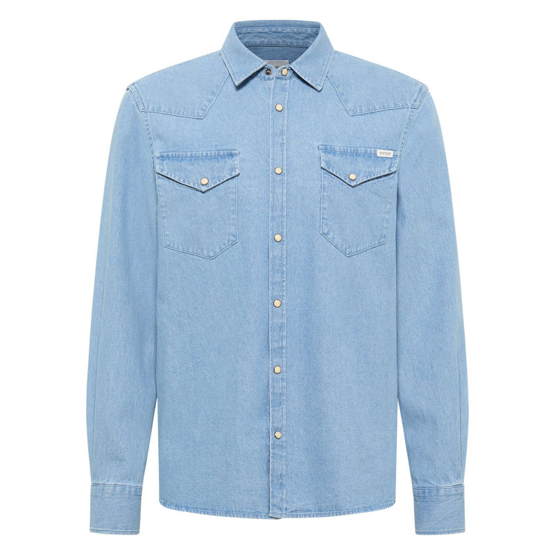 Mustang - Chemise En Jean En Coton Bleue Unie Avec Une Coupe Droite Et Un Col Français - Bleu
