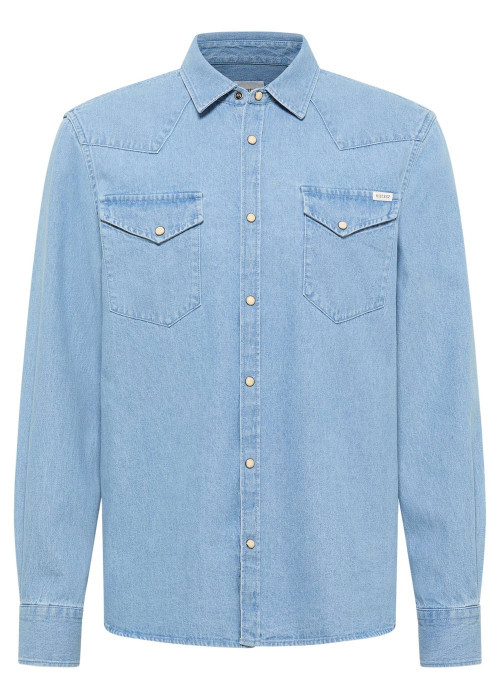 Chemise en jean en coton bleue unie avec une coupe droite et un col français