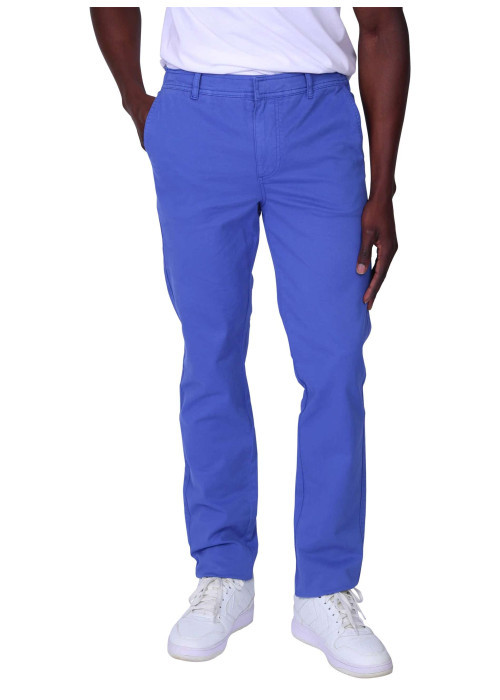 Pantalon chino en coton bleu uni avec une coupe ajustée et une taille élastiquée