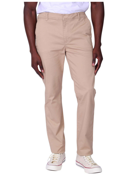 Pantalon chino en coton beige avec une coupe ajustée et une taille élastiquée