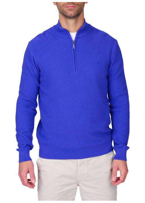 Pull en coton biologique bleu uni avec une coupe droite et un col camionneur