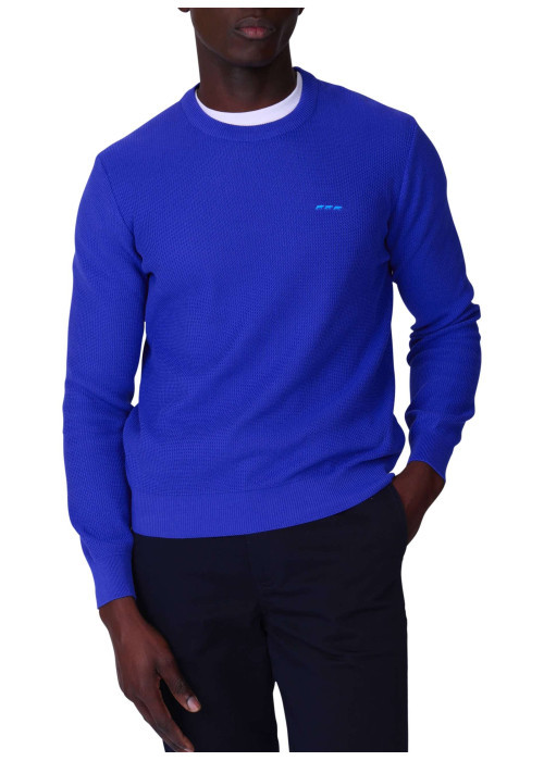 Pull en coton biologique bleu uni avec une coupe droite et un col rond
