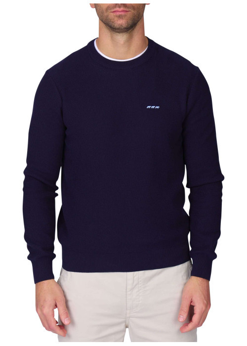 Pull en coton biologique marine uni avec une coupe droite et un col rond