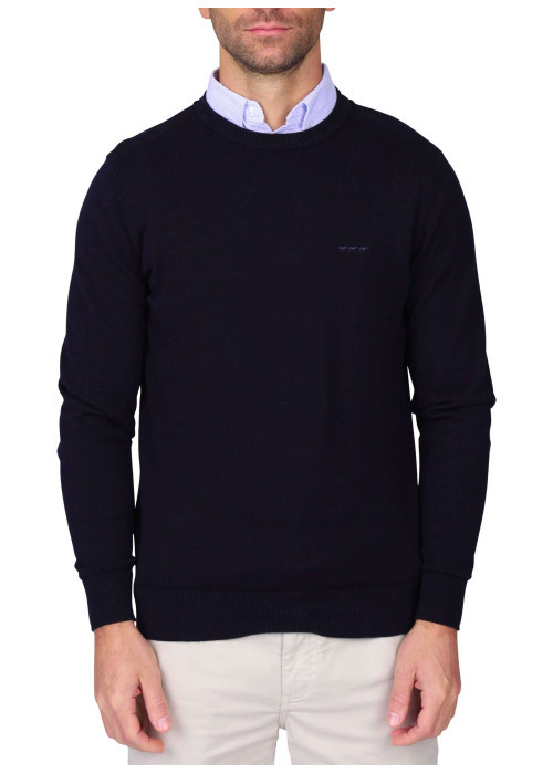 Pull en coton biologique marine uni avec une coupe droite et un col polo