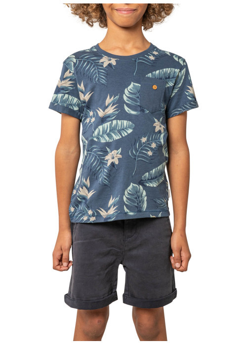 T-shirt en coton marine tropical pourvu d'une coupe droite et d'un col rond