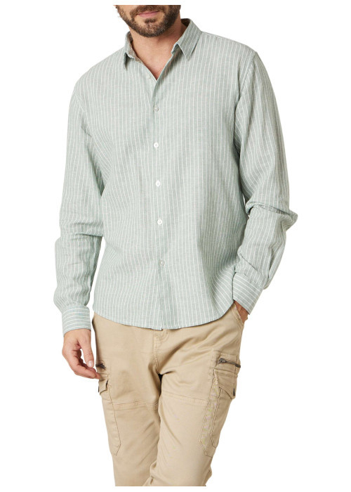 Chemise en coton et lin mélangé tilleul à rayures coupe droite col français