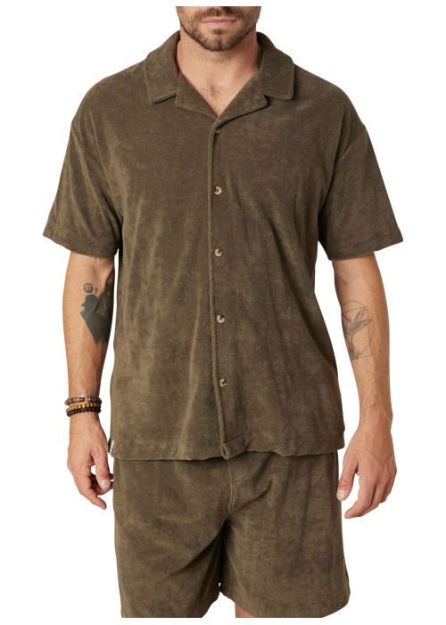 Chemise en coton mélangé kaki unie pourvue d'une coupe droite