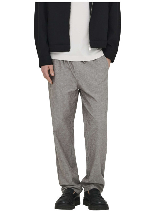 Pantalon en coton et lin mélangé taupe uni pourvu d'une coupe loose