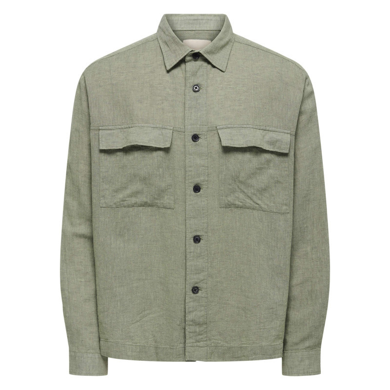 Only&sons - Surchemise En Coton Et Lin Mélangé Verte Unie Pourvue D'une Coupe Droite - Vert