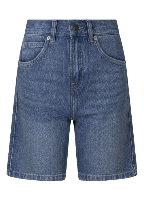 Short en coton bleu à coupe droite pourvu d'une maille aspect délavé