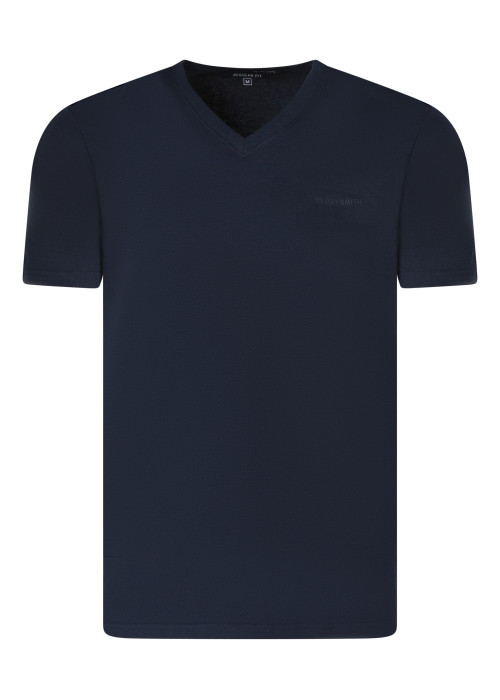 T-shirt en coton bleu foncé à coupe droite pourvu d'un col v
