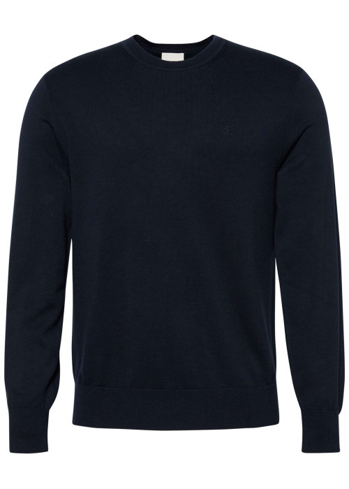 Pull en coton marine à coupe ajustée pourvu d'un col rond côtelé