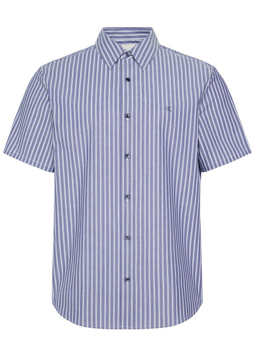 Chemise à rayures verticales en coton bleue pourvue d'un col à revers