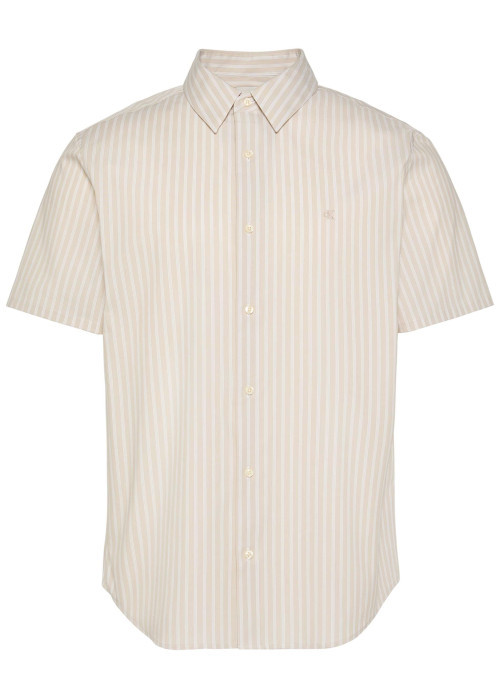 Chemise à rayures verticales en coton beige pourvue d'un col à revers