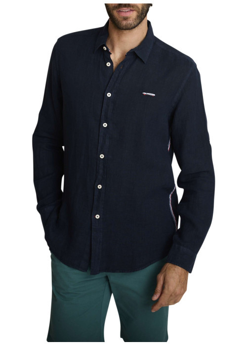 Chemise en lin marine à coupe droite pourvue d'un col à revers