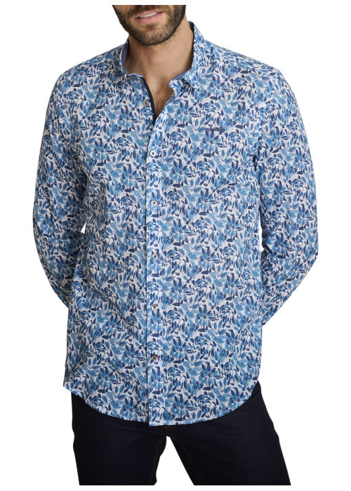 Chemise en coton bleue à coupe droite ornée d'un motif végétal
