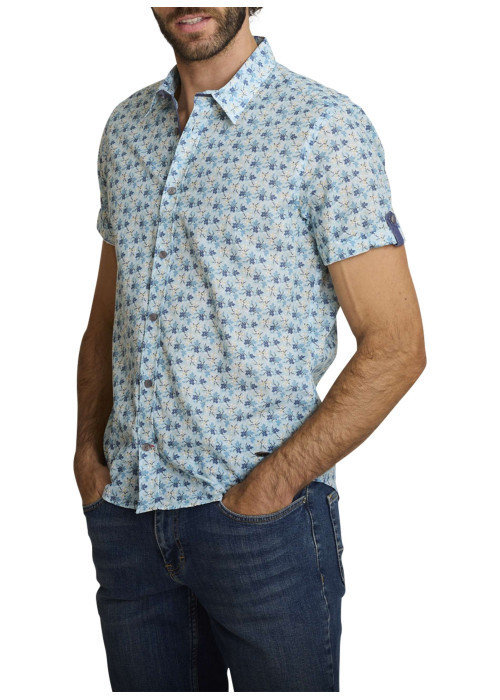 Chemise en coton ciel à coupe droite ornée d'un motif floral tricolore