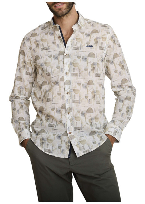 Chemise en coton beige à coupe droite ornée d'un motif géométrique