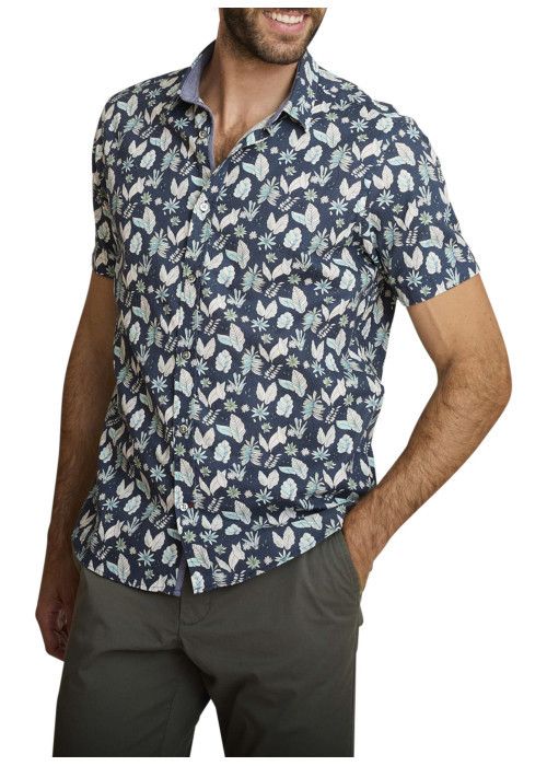 Chemise en coton marine à coupe droite ornée d'un motif végétal
