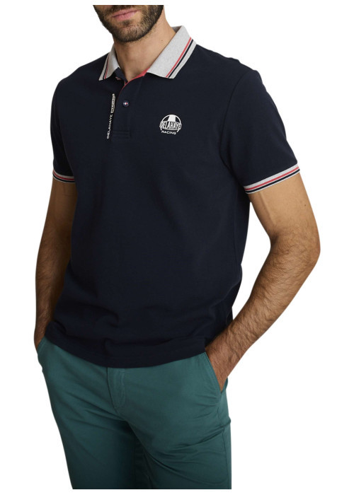 Polo en coton marine à coupe droite pourvu d'un col à revers boutonné