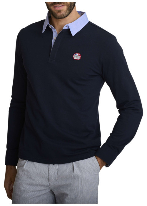Polo en coton marine à coupe ajustée pourvu d'un col boutonné
